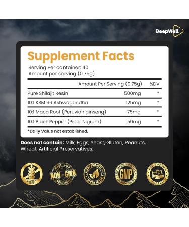 Generic BeepWell Shilajit Resin Plus - Himalayan Shilajit Ashwagandha Pure Organic Natural Resin Men Women Chilajil Maca Root Black Pepper 70% Fulvic Acid 85+ Trace Minerals 40 Servings 1.06 OZ - Buy Online on GoSupps.com