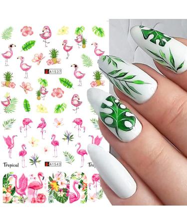 Summer Flamingo and Green Leaf Nail Art Stickers Decals - 12 Sheets - Buy Online on GoSupps.com