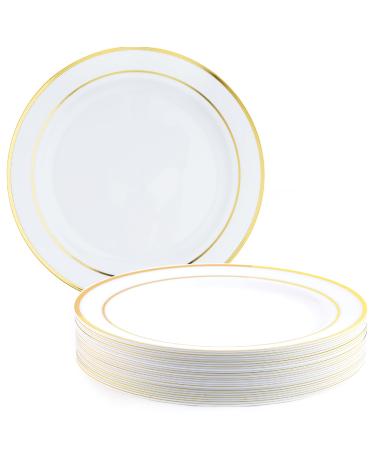 MATANA - 25 Premium Multi-Use Plastic Dinner Party Plates with Gold Rim Perfect for Weddings Birthdays Garden Parties & Outdoor Events - 26cm / 10" 26 cm / 10"