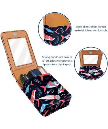 Premium Leather Lipstick Case Organizer with Mirror - Mini Lip Gloss Holder - Abstract Ocean Fish Design - Buy Online on GoSupps.com