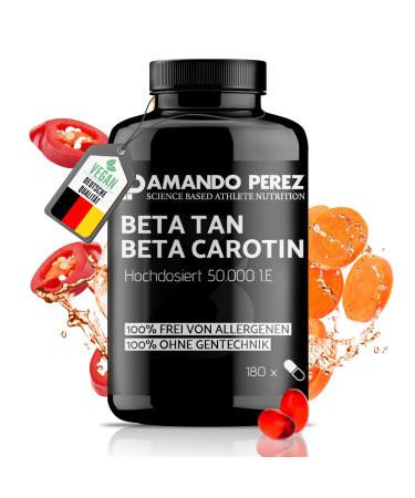 Amando Perez Beta Carotin Depot Browning capsules - 180 vegan softgels with 50 000 I.E - Preliminary stage of vitamin A high doses carotene capsules high doses tan beta carotene high doses. - Buy Online on GoSupps.com
