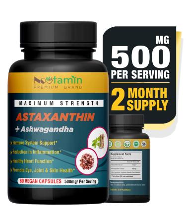 Nootamin Extra Strength Astaxanthin 15mg Supplement with Ashwagandha, 60 Vegan Capsules, Bioavailable Daily Immune Defense and Cardiovascular Support, Promotes Eye, Skin, Joint Health