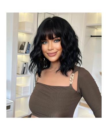 BERON Short Wavy Black Wig with Bangs Womens Curly Bob Hair Wigs Heat Resistant Synthetic Wig Daily Party Cosplay Use