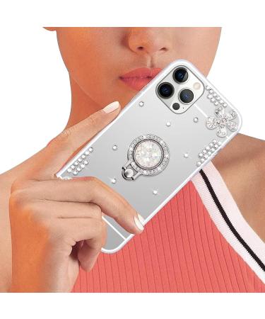 Omorro iPhone 13 Mini Makeup Mirror Case - Luxury Bling Glitter Rhinestone with Diamond Ring Stand - Cute Girly Silver Case for Women & Girls - Buy Online on GoSupps.com