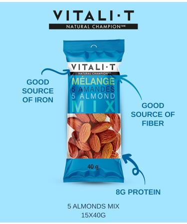 Vitali-T Collation| Snack | 5 Almonds Mix | M lange de 5 amandes | Bo te de 15 x 50 g | Collation nutritive et nergisante | Pratique et facile emporter | L g rement assaisonn de 5 saveurs vari es (BBQ Fum es Soja Citron et Sal es) | Ingr dients de qualit  - Buy Online on GoSupps.com