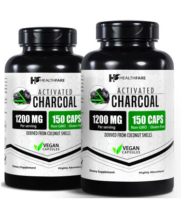 HealthFare Activated Charcoal Pills 1200mg | 150 Vegan Capsules | 2 Bottles | Organic Coconut-Sourced | Detox & Digestive Balance | Non-GMO Gluten-Free | Made in USA