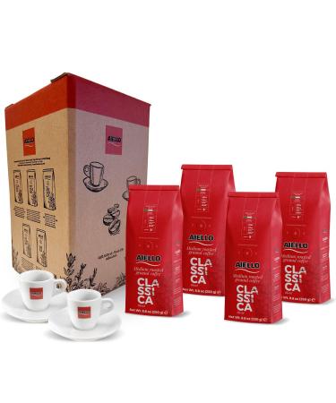 Aiello Cafe Aiello Special Box 4 x 250 g Classic Soft Pack Medium Roast in a Protective Atmosphere with Rescue Valve and a Pair of Hard Porcelain Cups with Saucers