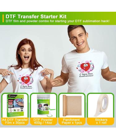 CenDale DTF Transfer Film and Powder Kit - 30 Sheets A4 DTF Film + 14oz White DTF Powder | Direct-to-Film Transfer for Any Fabric | DTF Starter Kit for DTF & Sublimation Printer - Buy Online on GoSupps.com
