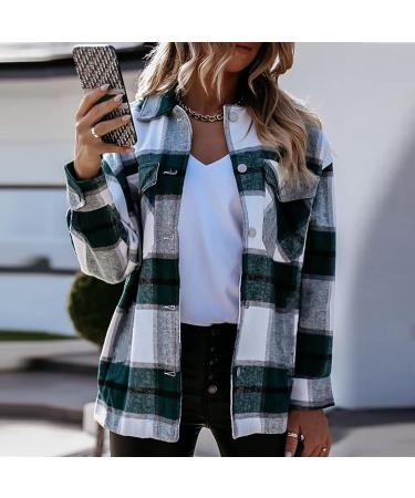 Routinfly Women's Casual Plaid Button Down Wool Blend Shacket Jacket - Spring Autumn Lapel Coat in Green XL | International Shipping Available - Buy Online on GoSupps.com