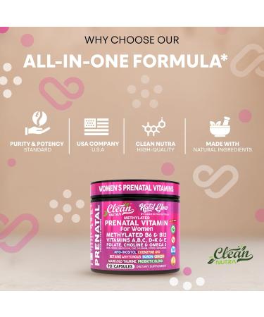 Natal Glow Methylated Prenatal Vitamins for Women Folate Omega 3 Vitamins A B12 C D3 E K2 Iron Riboflavin Biotin Choline Calcium Iodine Magnesium Zinc Selenium Copper Manganese by Clean Nutra - Buy Online on GoSupps.com