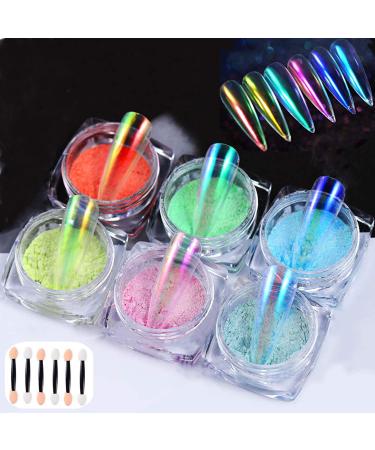 6 Colors Mermaid Chrome Nail Powder Mirror Effect Holographic Aurora Iridescent Pearlescent Manicure Pigment Rainbow Nail Glitter with 6pcs Eyeshadow Sticks