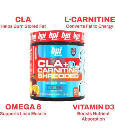 BPI Sports CLA + Carnitine Shredded - Convert Fat Cells Into Energy and Supports Lean Muscle Boost Metabolism - Non-Stimulant L-Carnitine Supplement - Fruit Punch (14.1 oz. / 50 Servings) - Buy Online on GoSupps.com