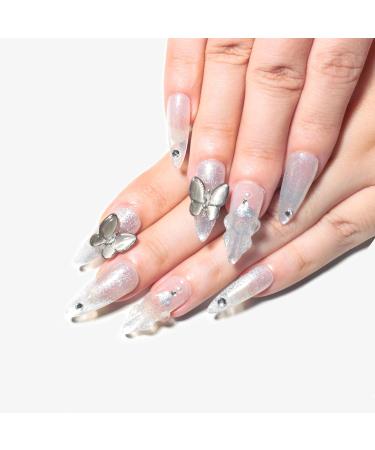 Handmade Press-On Nails - Sun&Beam Medium Long Almond White Silver Mermaid Rhinestone Butterfly Design - 10 Pcs False Nail Tips (#020 S - Buy Online on GoSupps.com