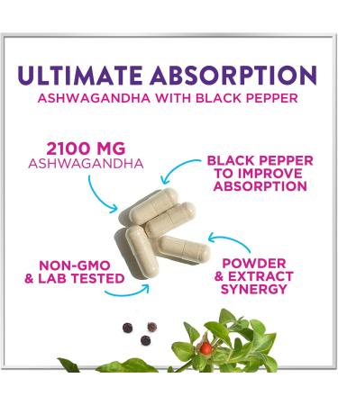 Ashwagandha Supplements 2100mg - Max Absorption with Black Pepper Extract Extra Strength Ashwagandha Capsules with 100% Plant Powder & Root Extract Non-GMO Bottled in USA - 60 Vegetarian Capsules 60 Count (Pack of 1) - Buy Online on GoSupps.com