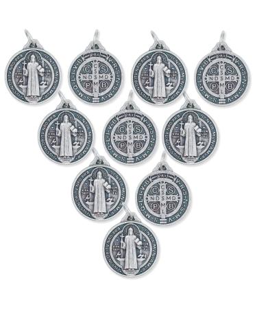 Caritas et Fides Bulk Pack of 10 - St. Benedict Medal Pendant - 3/4 Inch Round Silver Oxidized St. Benedict Medals for Necklace, Medals for Jewelry Catholic, Made in Italy