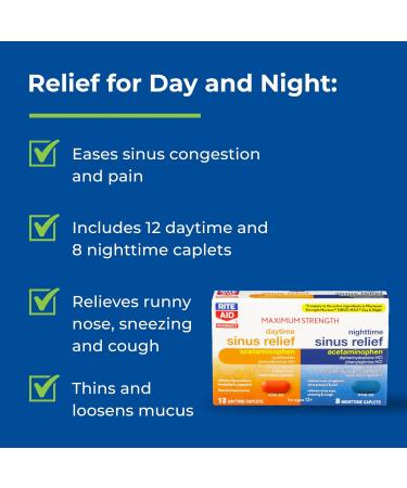 Rite Aid Maximum Strength Sinus Relief Caplets - Daytime and Nighttime Combo - 20 Count - Buy Online on GoSupps.com