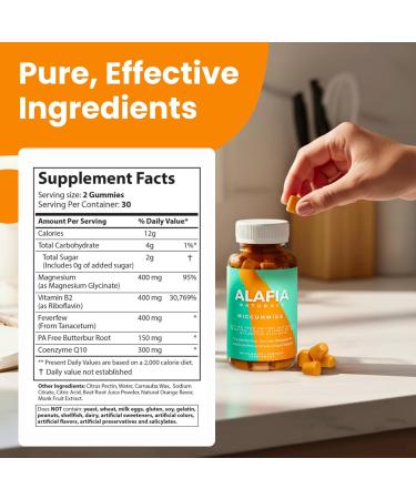 Alafia Naturals Miggummies - World's First Cranial Comfort and Support Gummy - Magnesium Glycinate Butterbur Feverfew CoQ10 Vitamin B2 400mg Riboflavin 400mg 60ct - Buy Online on GoSupps.com