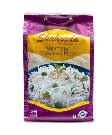 Shahzada Supreme Basmati Rice (10 Lbs.)  Extra Long Grain, Slender and Non-Sticky Grain for Ultimate Dining Experience, Non-GMO, Vegan, Gluten Free, Soy Free, No Cholesterol, Resealable Zip-Lock Bag  Extra Long Grain Bas