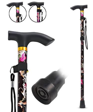 HATAF Walking Stick Folding Walking Sticks for Women Folding Walking Sticks for Men Mobility Aids walking stick rubber ends disability aids folding walking sticks for ladies Black Flowers