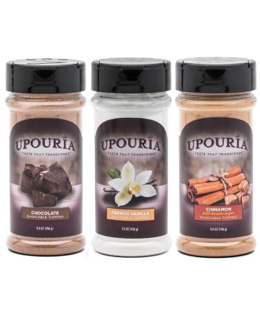 Upouria Coffee Topping Variety Pack - Chocolate, Cinnamon with Brown Sugar, and French Vanilla, 5.5 Ounce Shakeable Topping Jars - (Pack of 3)