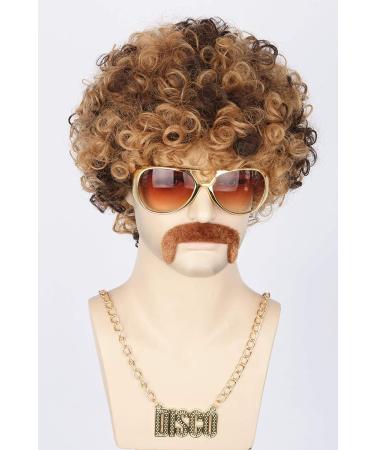 Topcosplay Men's 70s 80s Disco Dude Dirt Bag Wig & Moustache Necklace 3-Piece Set - Short Curly Afro Shaggy Wig Blonde Black Brown - Buy Online on GoSupps.com
