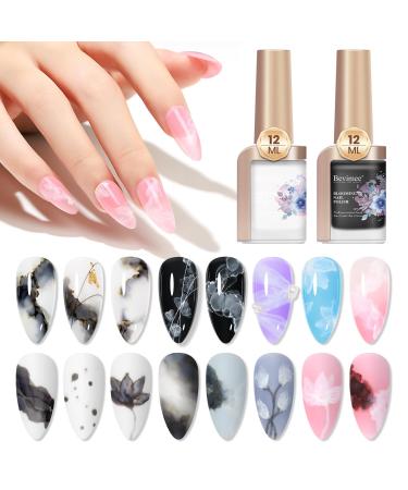 Blooming Gel Nail Polish Marble Nail Polish 12ML Watercolor Marble Ink for Nails Black & White Spreading Magic Blossom Effect Flower Nail Art Design Manicure DIY At Home 2PCS HB-2PCS