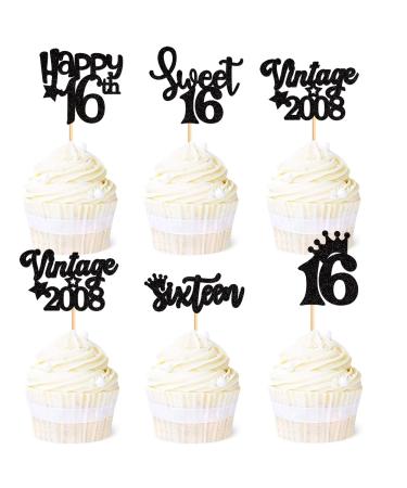 Ercadio 30 Pack Sweet 16 Cupcake Toppers Black Glitter Vintage 2008 Cupcake Picks Happy 16th Sixteen Happy Birthday Cupcake Toppers for 16th Birthday Party Cake Decoration Supplies A-vintage Black
