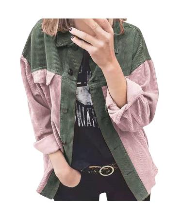 Women Corduroy Button Down Jacket Casual Boyfriend Long Sleeve Lapel Coat Oversized Contrast Color Blouses Tops Color 2 Large