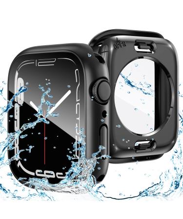 Goton 2 in 1 Waterproof Case for Apple Watch Series 8 & Series 7 45mm Screen Protector 360 Protective Glass Face Cover Hard PC Bumper + Back Frame for iWatch 8/7 Accessories 45 mm Black Black 45mm