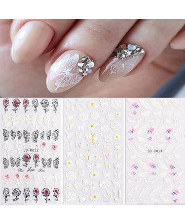 Ncana 3 Sheet Rose Nail Art Sticker Decals 5D Self-Adhesive Exquisite Embossed Nail Art Supplies Black White Butterfly Wings Rose Flower White rose 3pcs