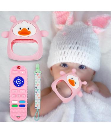 BPA Free Baby Teething Toys 2 Pack - Soothing Hand & Remote Control Teethers for Babies 0-12 Months | Soft Infant Chew Toys in Pink Duck & Remote Design - Buy Online on GoSupps.com