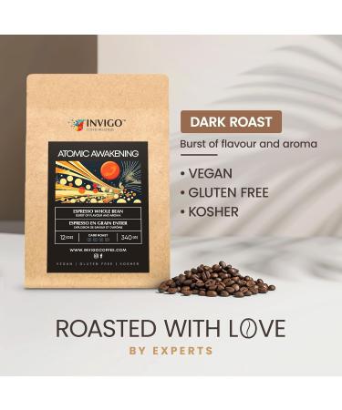 Invigo Espresso Coffee Beans 340g - Aroma-Rich Whole Coffee Bean Small Batch Local Premium Roasting Vegan & Gluten-Free Birthday or Christmas Gift for Coffee Lovers Whole Bean Atomic Awakening - Buy Online on GoSupps.com