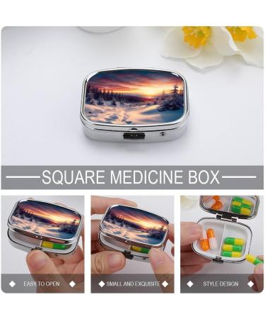 Winter Snow Sunset Pill Box 2 Compartment Metal Organizer for Medicine | Portable Decorative Pill Case for Pocket & Purse - Buy Online on GoSupps.com