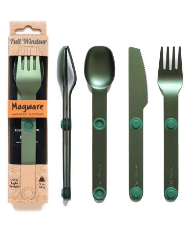 MAGWARE Magnetic Camping Utensils Set - Portable & Reusable Metal Travel Flatware with a Case for Camping, Picnic, Office & Kid's Lunchbox | Camping Cutlery Set | Knife, Fork & Spoon (3 PCS) Green