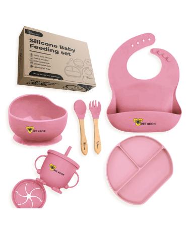 Baby Feeding Set Weaning Set Eco Friendly BPA Free 7pcs Silicone Suction Bowl Plate and Cup Adjustable bib 2X Cup lids Spoon and Fork with Wooden Handle. Toddler Gift Set. (Pink)
