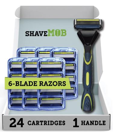 ShaveMOB 6-Blade Men's Razor Kit (Flex Head Handle with Trimmer + 24 Refills) - The Caveman Shaving Kit 24 Pack with Handle