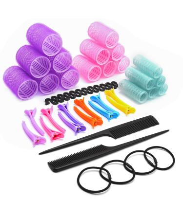 CAPIKE 37 Pieces Hair Rollers Set -18 Self Grip Rollers Jumbo 44mm Large 36mm and Medium 24mm-12 Duckbill Sectioning Clips-2 Combs-1 French Braid Device-4 Hair Bands. Velcro Rollers For Hair.