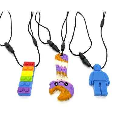 3Pack Teether Toy Chew Necklaces with Pacifier Clip Holder Silicone Teething Pain Relief Toys Gift Set Chewing Fidgeting for Boys Girls Adults Chewer Anxiety or Other Special Needs(Blue)