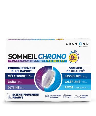 GRANIONS Chrono Sleep - Melatonin 1.9 mg Adult Sleep - Melatonin + Valerian + Passion Flower + GABA - 9 min Sleep Time to Sleep - Melatonin Fast Action - 1 Month-30 Bi-Layer Tablets