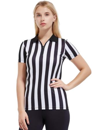 FitsT4 Women's Black & White Stripe Referee Shirt - Zipper Collared V-Neck Short Sleeve Jersey for Refs, Waitresses - Size Small - Buy Online on GoSupps.com