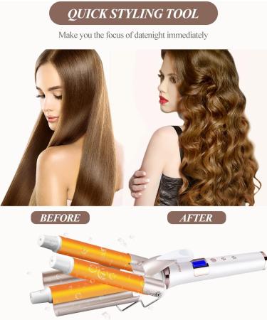 CkeyiN 3 Barrel Hair Waver Curling Iron with LCD - Professional Ceramic Tourmaline Curling Wand - 22mm Hair Crimpers - 16 Temperature Control Displays - for All Hair Types - Gold - Buy Online on GoSupps.com
