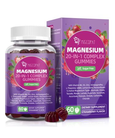 Migcopat Magnesium Complex Gummies, 20 in 1 Magnesium Gummy with Glycinate Citrate Malate Taurate - Ashwagandha, L-Theanine, D3&Zinc for Relaxation, Sleep, Muscle&Heart Support, Strawberry, 60 Cts