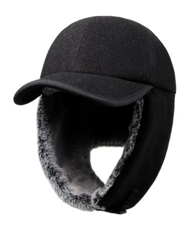 Gisdanchz Winter Baseball Cap with Long Ear Flaps - Woolen Blend Outer, Faux Fur Fully Lined Black Medium-Large