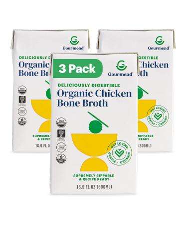 Gourmend Foods Organic Chicken Bone Broth | Low FODMAP Certified | Deliciously Digestible Gut Friendly IBS Friendly | No Garlic or Onion Bulbs | Unsalted No Fillers or Preservatives | 16.9 Ounce (Pack of 3) 16.9 Fl Oz (Pack of 3)