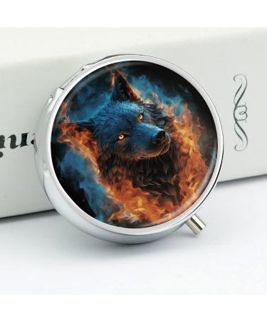 Round Pill Box with Wolf Head & Blue Flames | 3-Compartment Portable Pill Organizer | Decorative Metal Pocket Case - Style 35 - Buy Online on GoSupps.com