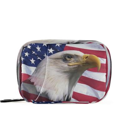 Pfrewn Patriotic Pill Organizer Case American Bald Eagle American Flag Travel Pill Box with Zipper 7 Day Portable Small Weekly Vitamin Medicine Supplement Holder Pouch Bag