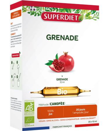 SUPERDIET ORGANIC GRENADA 100% PURE JUICE Made in France 20 ampoules of 10 ml