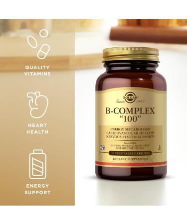 Solgar B-Complex 100" - 50 Vegetable Capsules - Energy Metabolism Nervous System Support - Non-GMO Vegan Gluten Free - 50 Servings - Buy Online on GoSupps.com