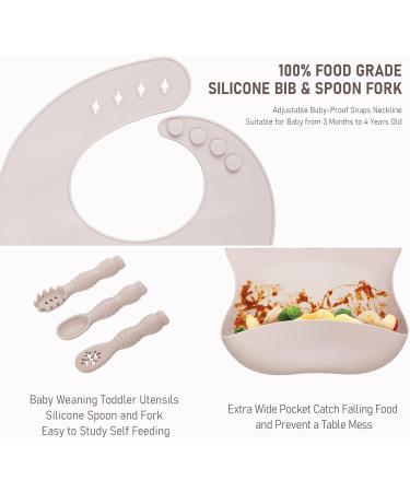 Silicone Baby Weaning Set (10 Pcs) with Bib, Suction Bowl, Plate, Fork, Spoon, Cup - Beige | for Babies, Toddlers & Kids - Buy Online on GoSupps.com