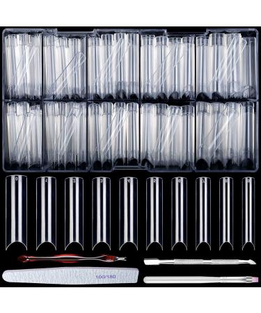 500Pcs Coffin Nail Tips  10 Sizes Clear Acrylic Poly Nail Long Straight Tapered Square Extension Gel Tips Half Cover Extension Transparent Long C Curve Nail Tips for Salons and DIY Nail Art with Box Clear C curve